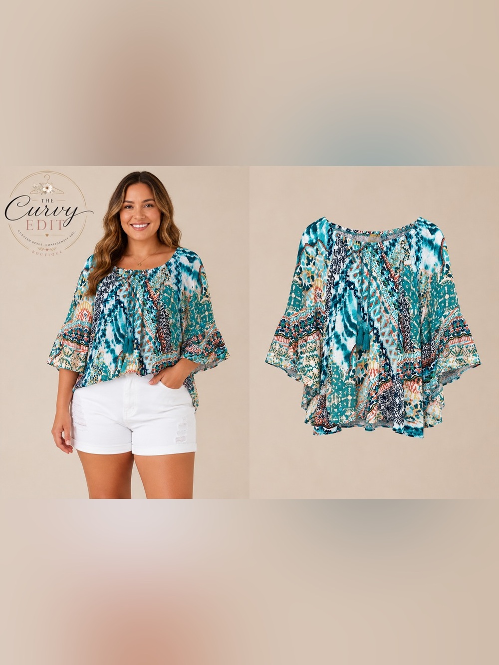 Ruby Rd. Woman 3X Boho Peasant Top Turquoise Patchwork Bell Sleeve Tassel Blouse